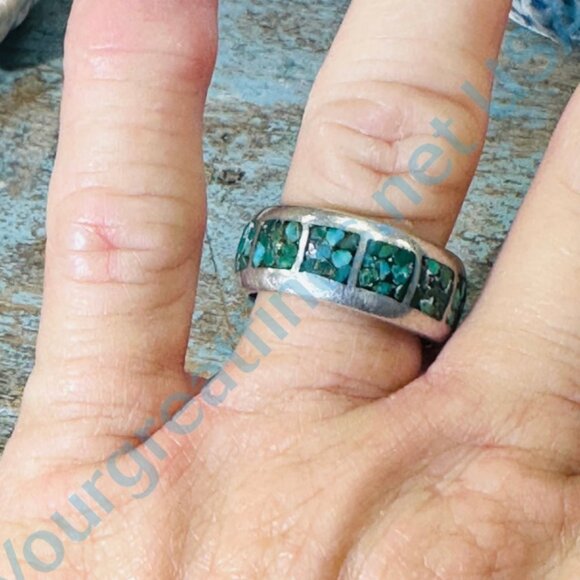 Vintage Smooth Sterling Silver Band Ring Turquoise Mosaic Size 9.5 - Picture 5 of 5